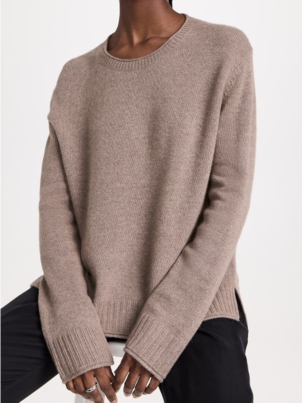 Jenni Kayne Everyday Cashmere Blend Round Neck Sweater in Taupe Brown Small